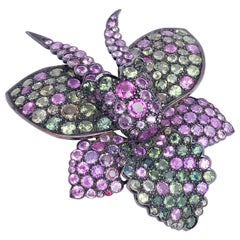 Estate Silver and Gold Orchid Brooch with 34 Carat Fancy Colored Sapphires