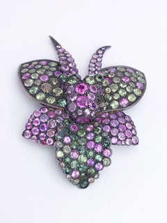 Estate Silver and Gold Orchid Brooch with 34 Carat Fancy Colored Sapphires