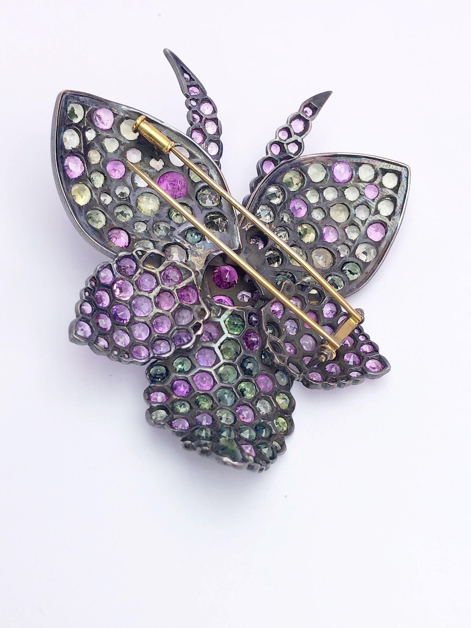 Retro Estate Silver and Gold Orchid Brooch with 34 Carat Fancy Colored Sapphires For Sale