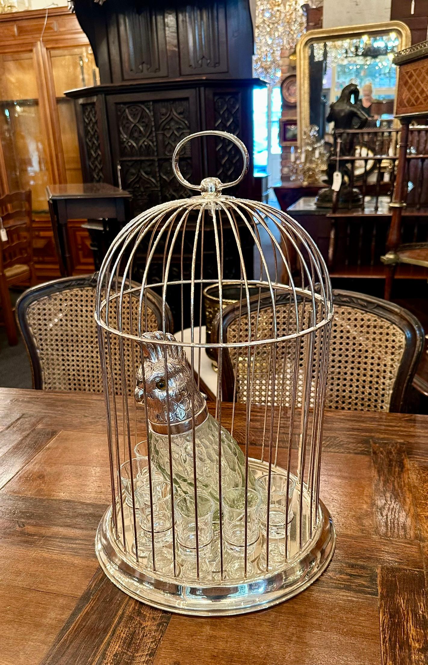 Estate Silber-Platte Figural Vogel Dekanter in Käfig mit Gläsern Circa 1930-1940's im Angebot 10