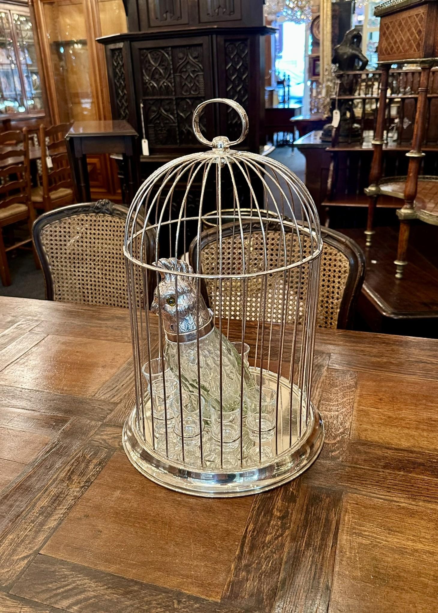 Estate Silber-Platte Figural Vogel Dekanter in Käfig mit Gläsern Circa 1930-1940's im Angebot 11