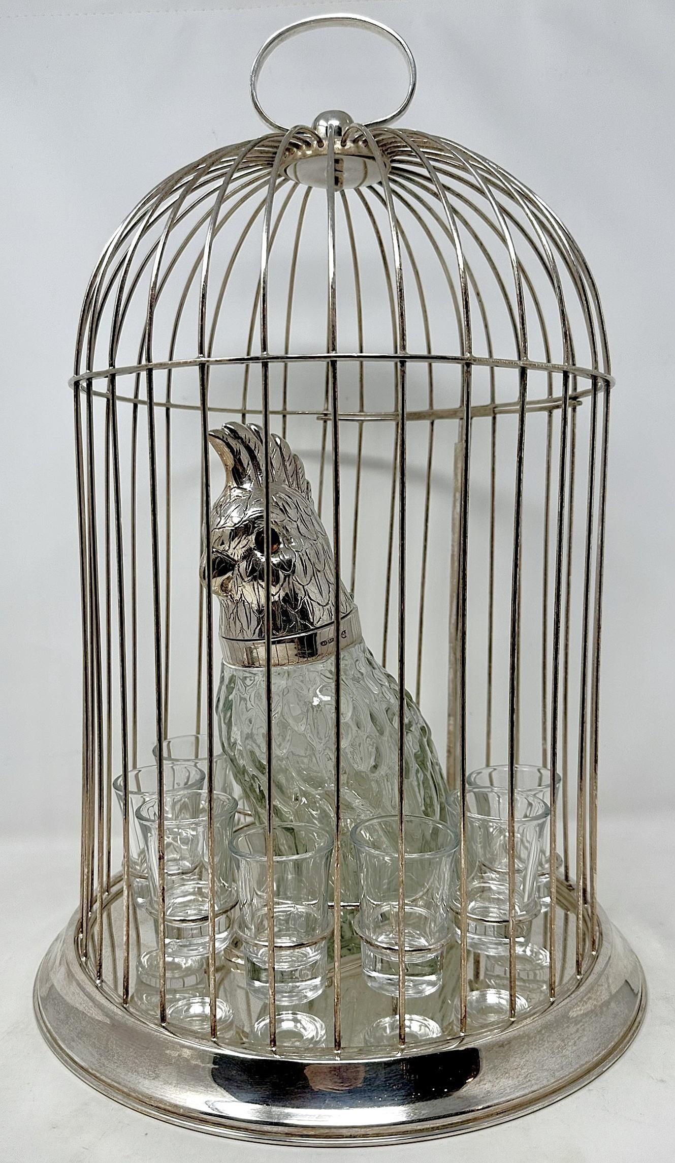 Estate Silber-Platte Figural Vogel Dekanter in Käfig mit Gläsern Circa 1930-1940's (Englisch) im Angebot