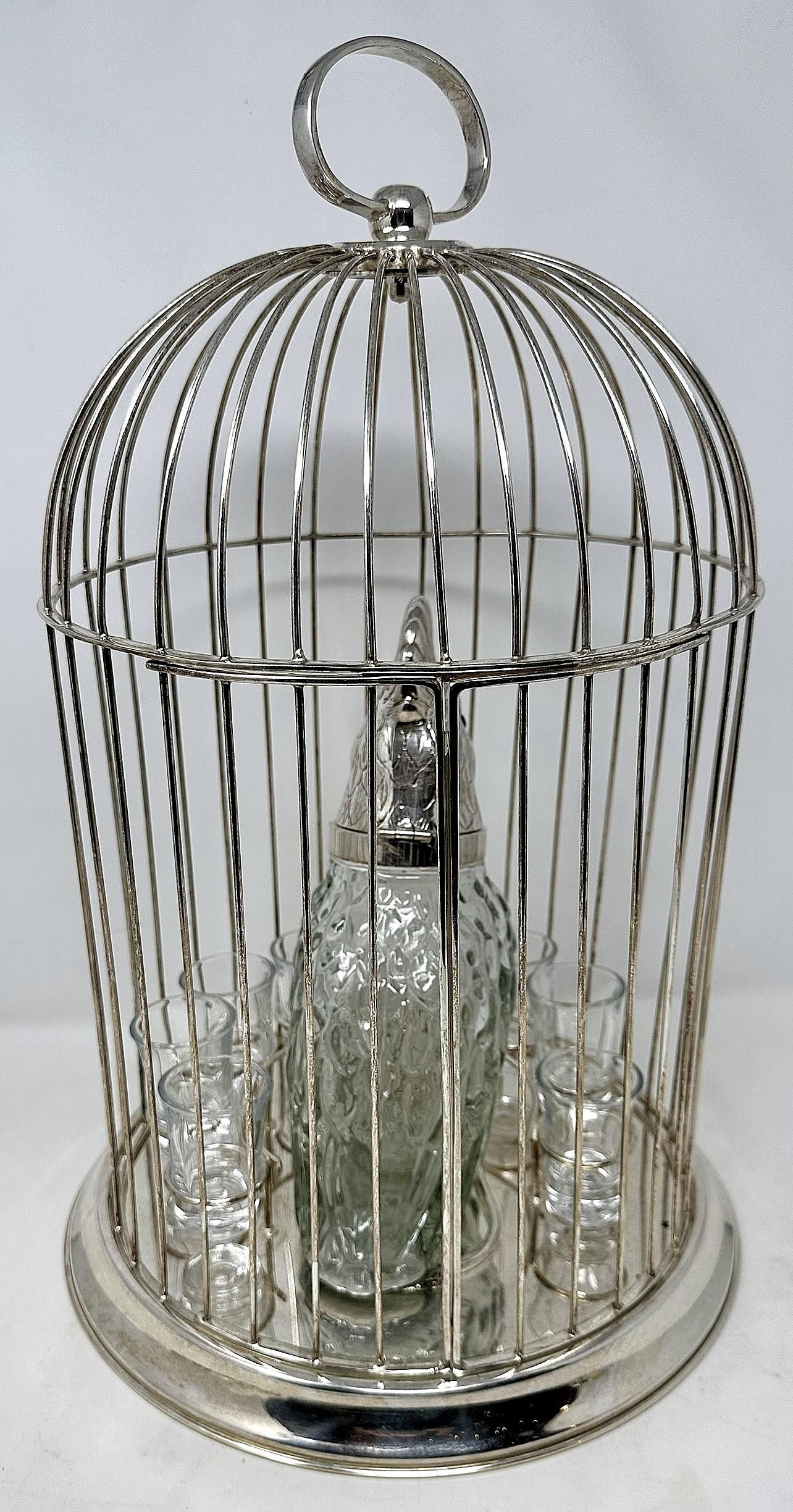 Estate Silber-Platte Figural Vogel Dekanter in Käfig mit Gläsern Circa 1930-1940's im Angebot 1