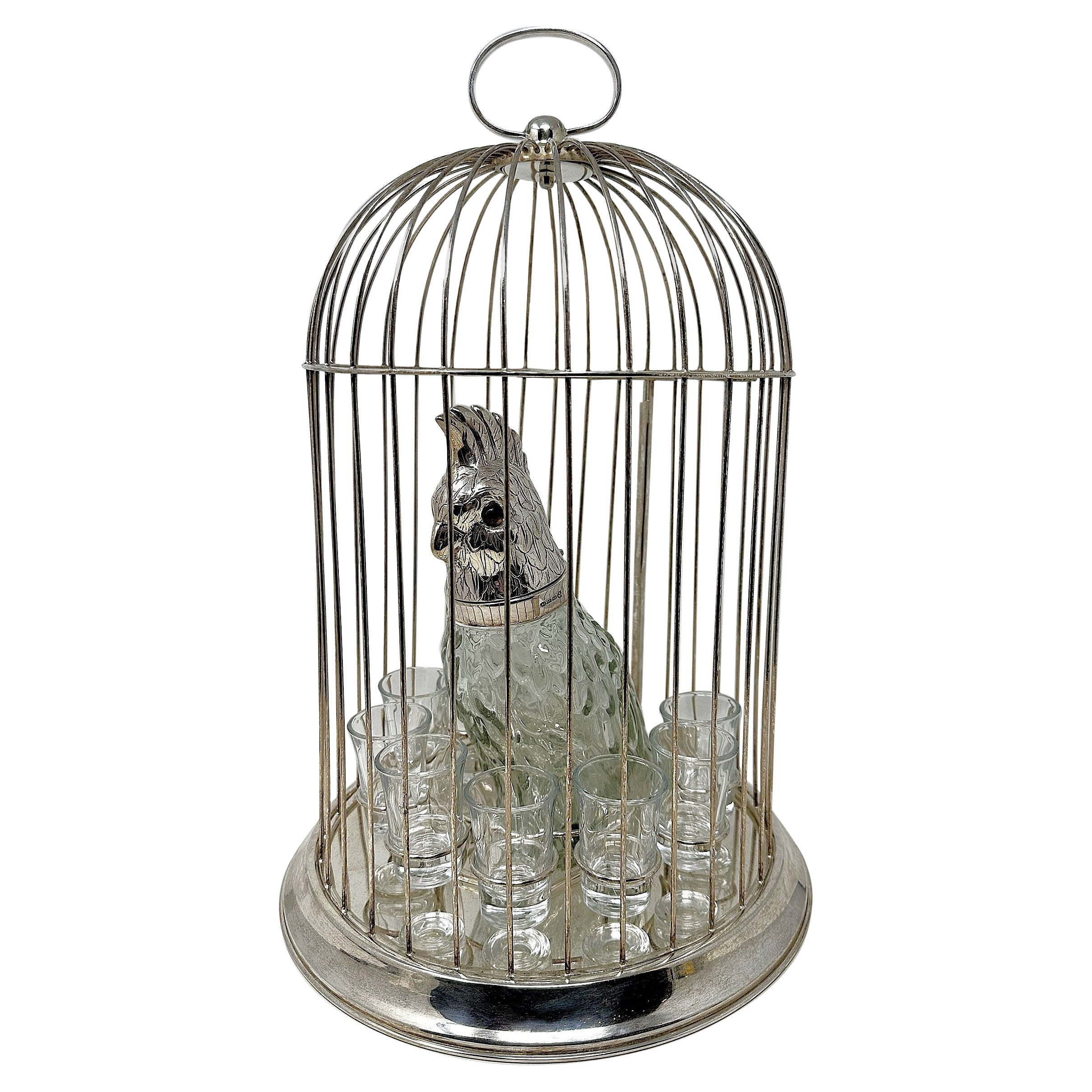 Estate Silber-Platte Figural Vogel Dekanter in Käfig mit Gläsern Circa 1930-1940's im Angebot