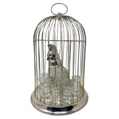 Estate Silber-Platte Figural Vogel Dekanter in Käfig mit Gläsern Circa 1930-1940's