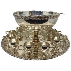 Estate Silver-Plated 15 Piece Punch Bowl Service with Cups, Tray and Ladle
