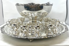 Estate Silver-Plated Punch Bowl Service with 12 Cups, Tray, & Ladle, circa 1950s
