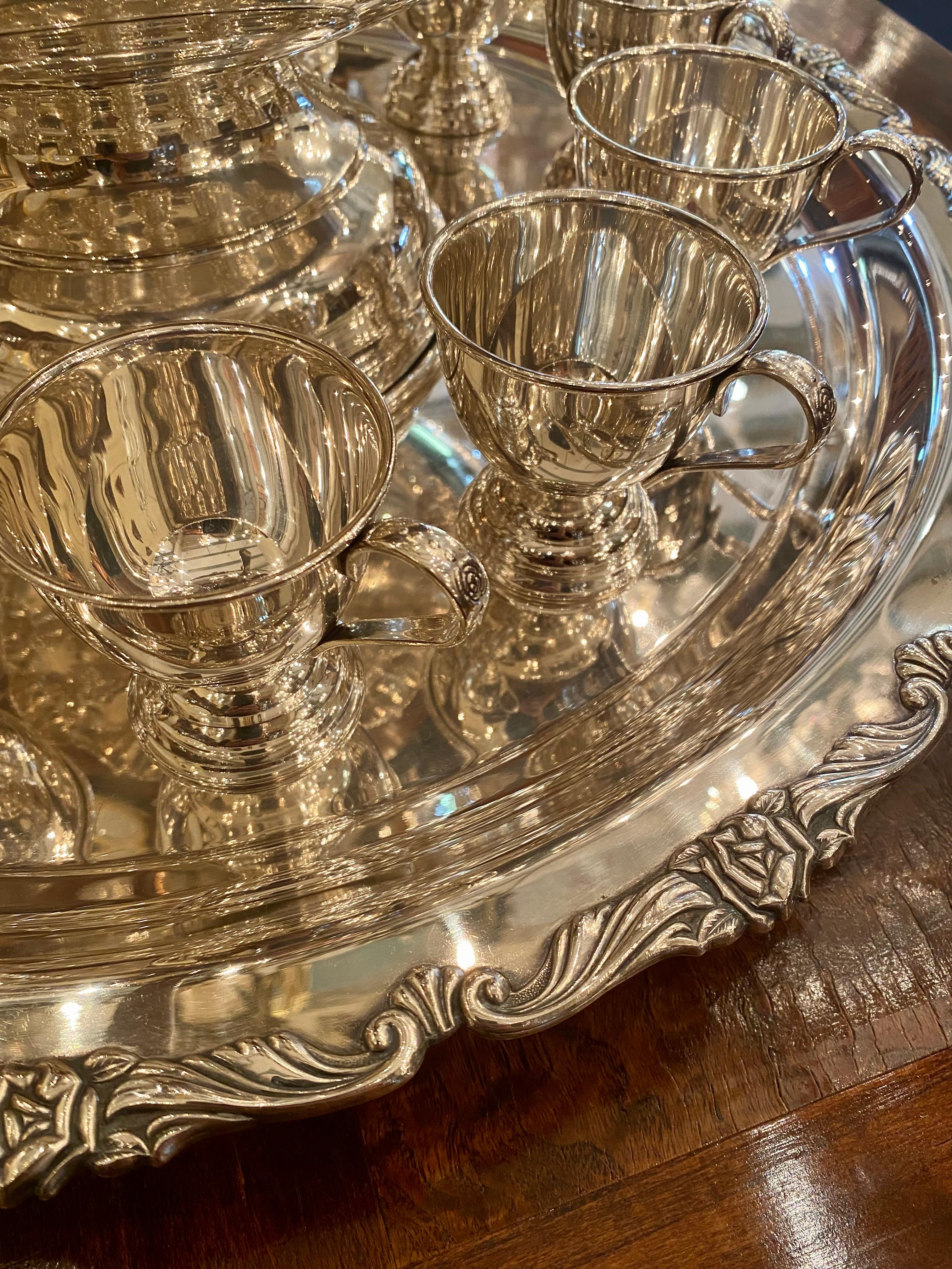 20th Century Estate Silver-Plated Punch Bowl Service with 12 Cups, Tray, & Ladle, circa 1950s