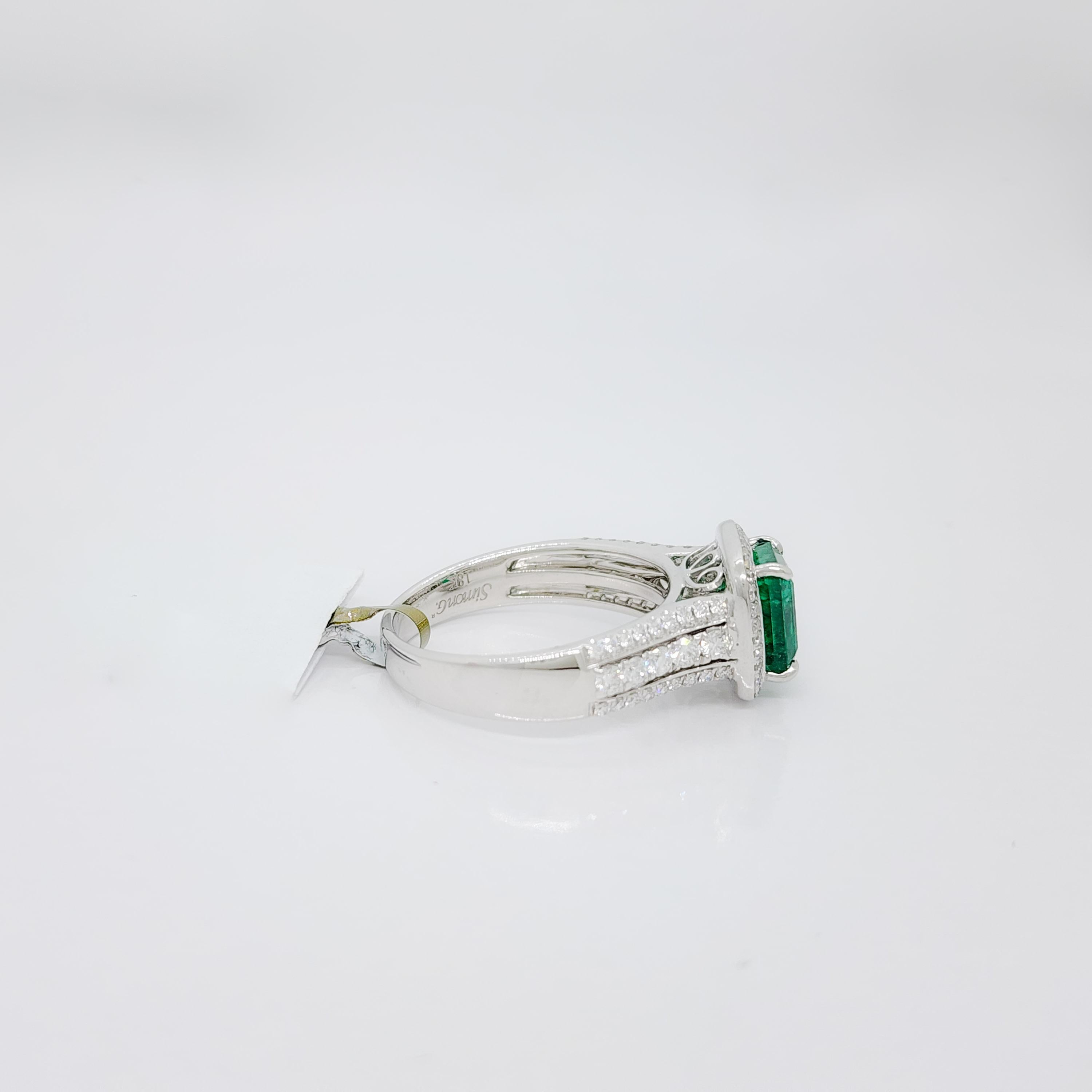Women's or Men's Estate Simon G. Emerald and White Diamond Ring in 18k White Gold For Sale