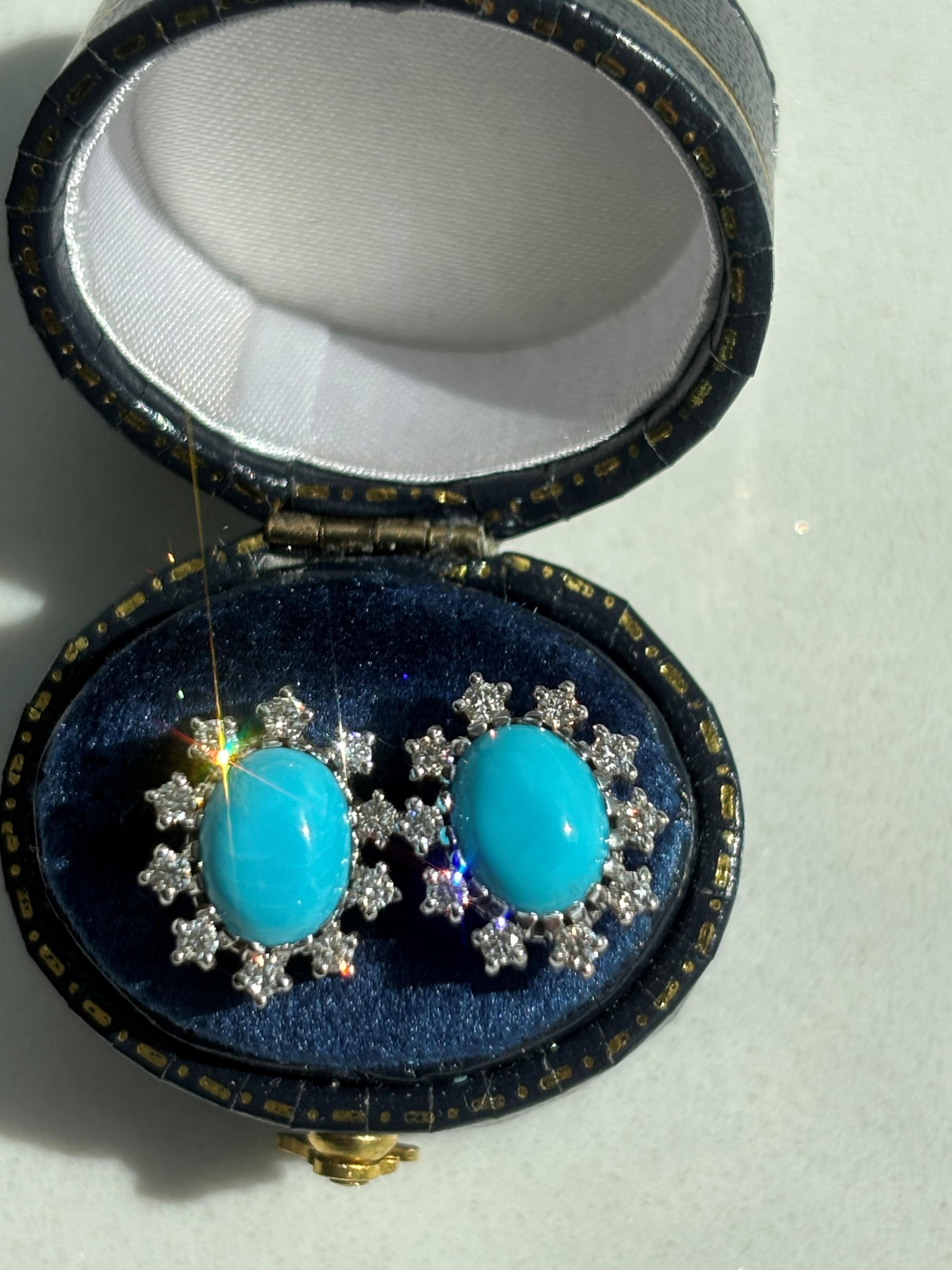 Estate Dornröschen Türkis & Diamant Cluster Ohrstecker 14K Weißgold Ohrringe (Zeitgenössisch) im Angebot