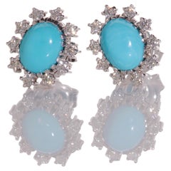 Estate Sleeping Beauty Turquoise & Diamond Cluster Stud 14K White Gold Earrings