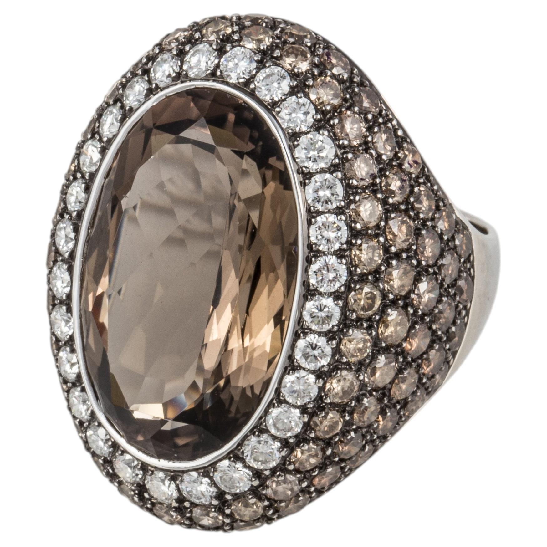Estate Smoky Quartz, Diamond, and 18K White Gold Ring
