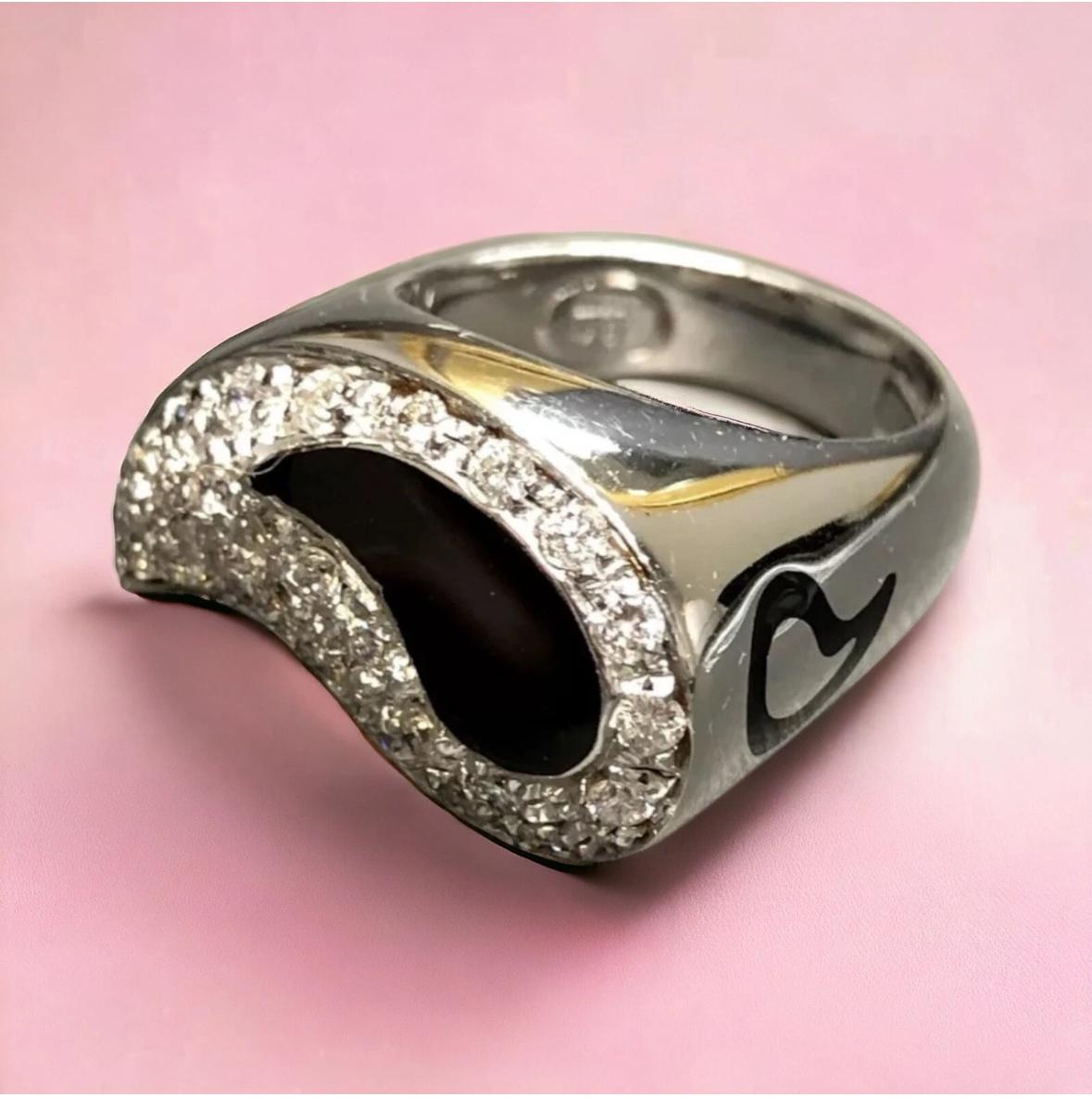 Estate SOHO Italienisch 18K Diamant Schwarz Emaille Yin Yang Paisley Cocktail Ring Sz 7 im Angebot 6