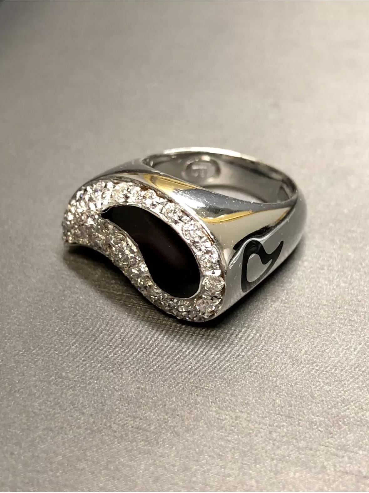 Estate SOHO Italienisch 18K Diamant Schwarz Emaille Yin Yang Paisley Cocktail Ring Sz 7 im Angebot 1