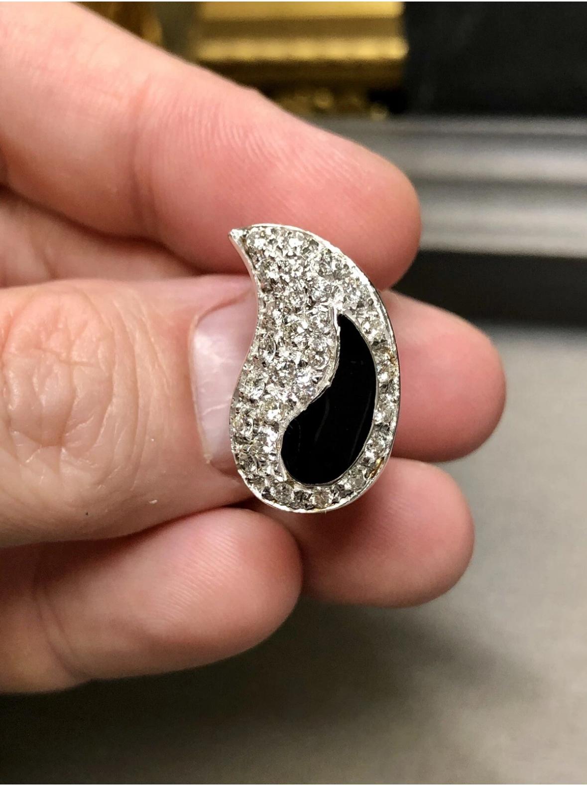 Estate SOHO Italienisch 18K Diamant Schwarz Emaille Yin Yang Paisley Cocktail Ring Sz 7 im Angebot 3