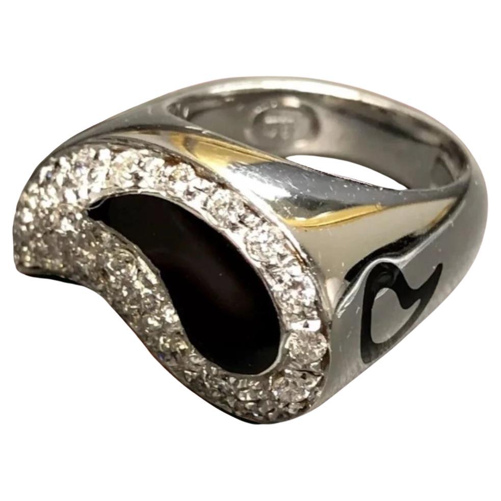 Estate SOHO Italienisch 18K Diamant Schwarz Emaille Yin Yang Paisley Cocktail Ring Sz 7 im Angebot