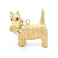 Estate Solid 14k Yellow Gold Scottish Terrier w/ Pearl Necklace Pendant Charm