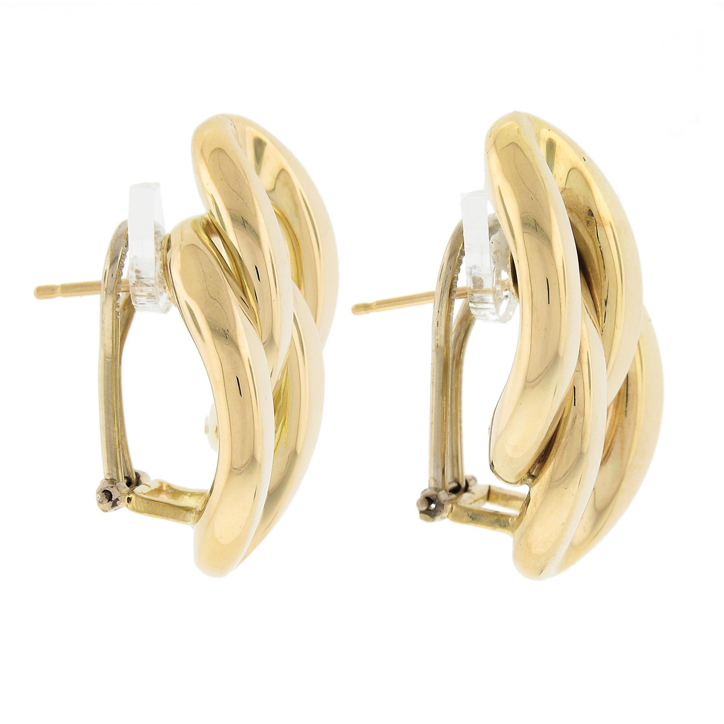 Women's Estate Solid 18K Yellow Gold Polished Interlocking Curb Stud Post Omega Earrings For Sale