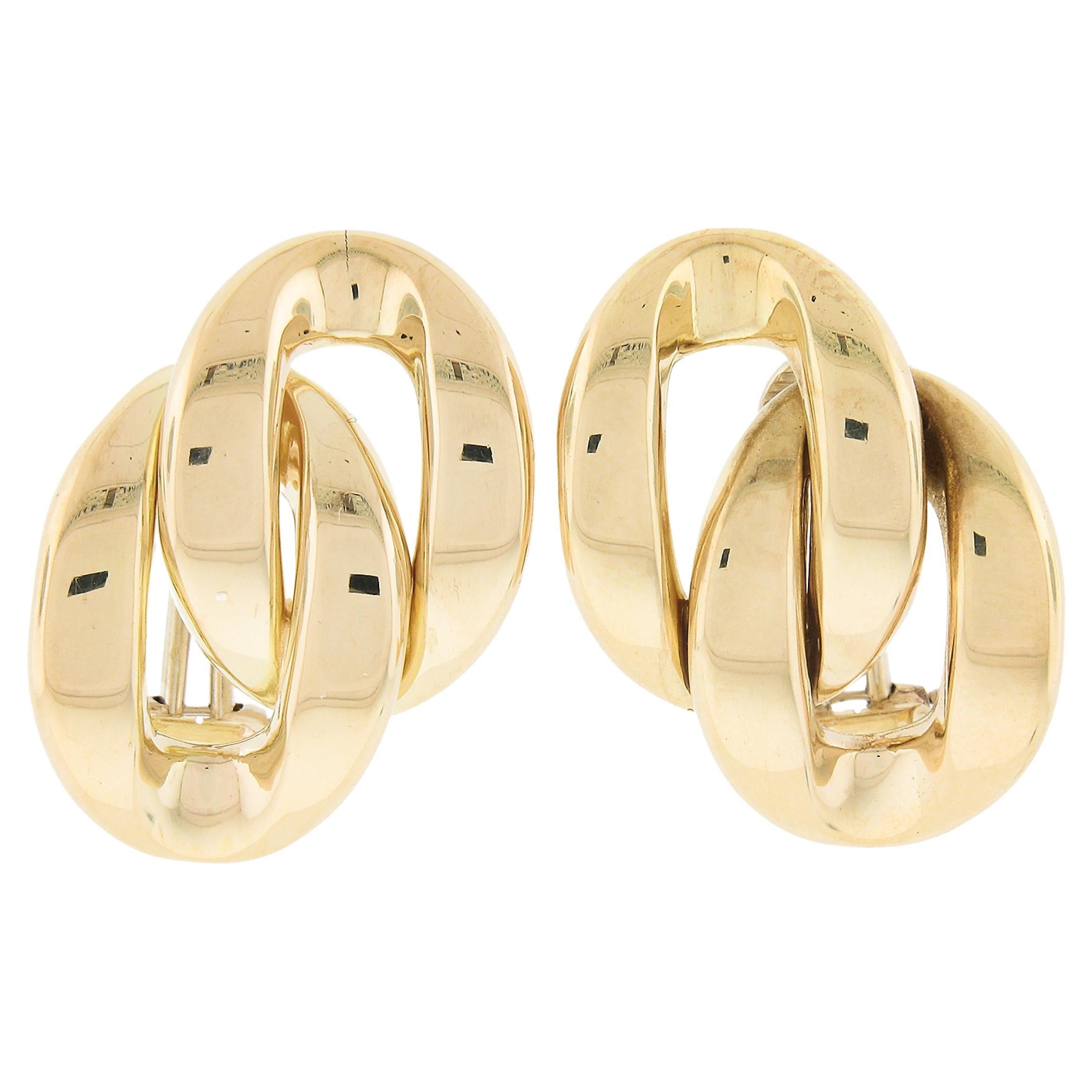 Estate Solid 18K Yellow Gold Polished Interlocking Curb Stud Post Omega Earrings