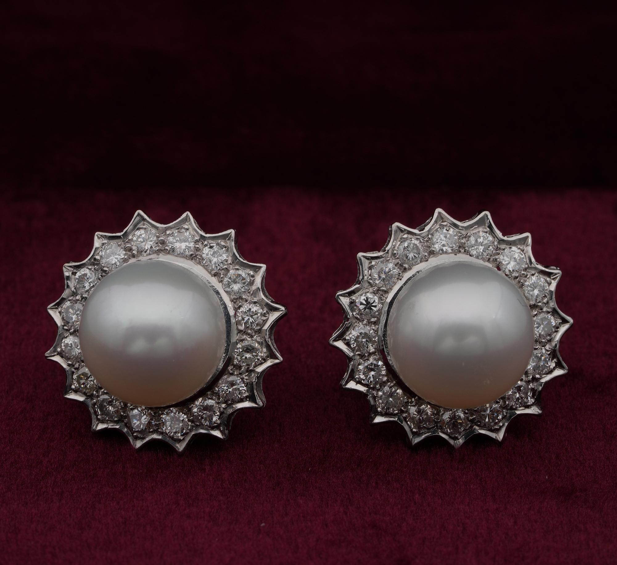 Classy Statement
These gorgeous estate earrings highlight two lovely round South Sea Pearls, flawless and appealing white silvery – 11 mm. in diameter – fine in all, nacre, lustre, shape and blemish free
Making the centre point in a petal like