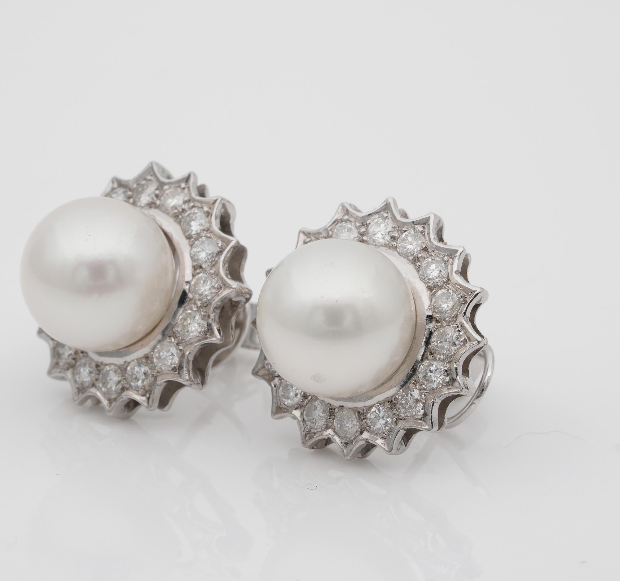 Women's Estate South Sea Pearl 1.20 Ct Brilliant Cut Diamonds Platinum Earrings For Sale