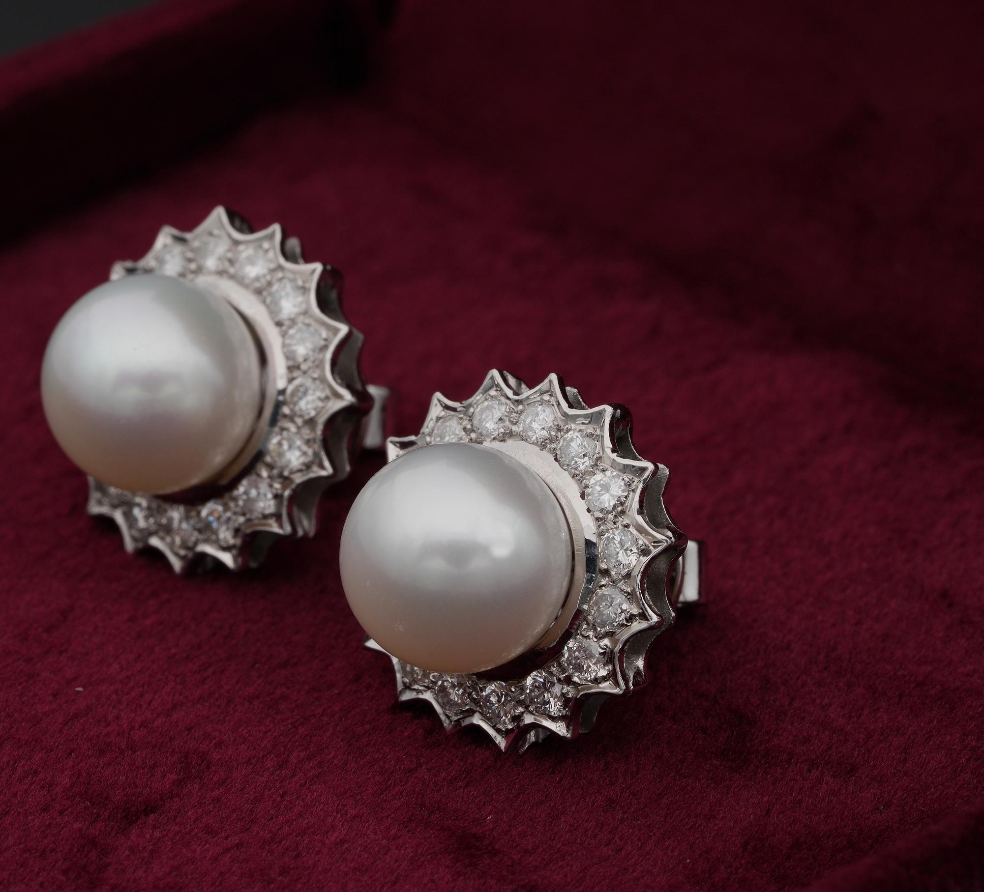 Estate South Sea Pearl 1.20 Ct Brilliant Cut Diamonds Platinum Earrings For Sale 1