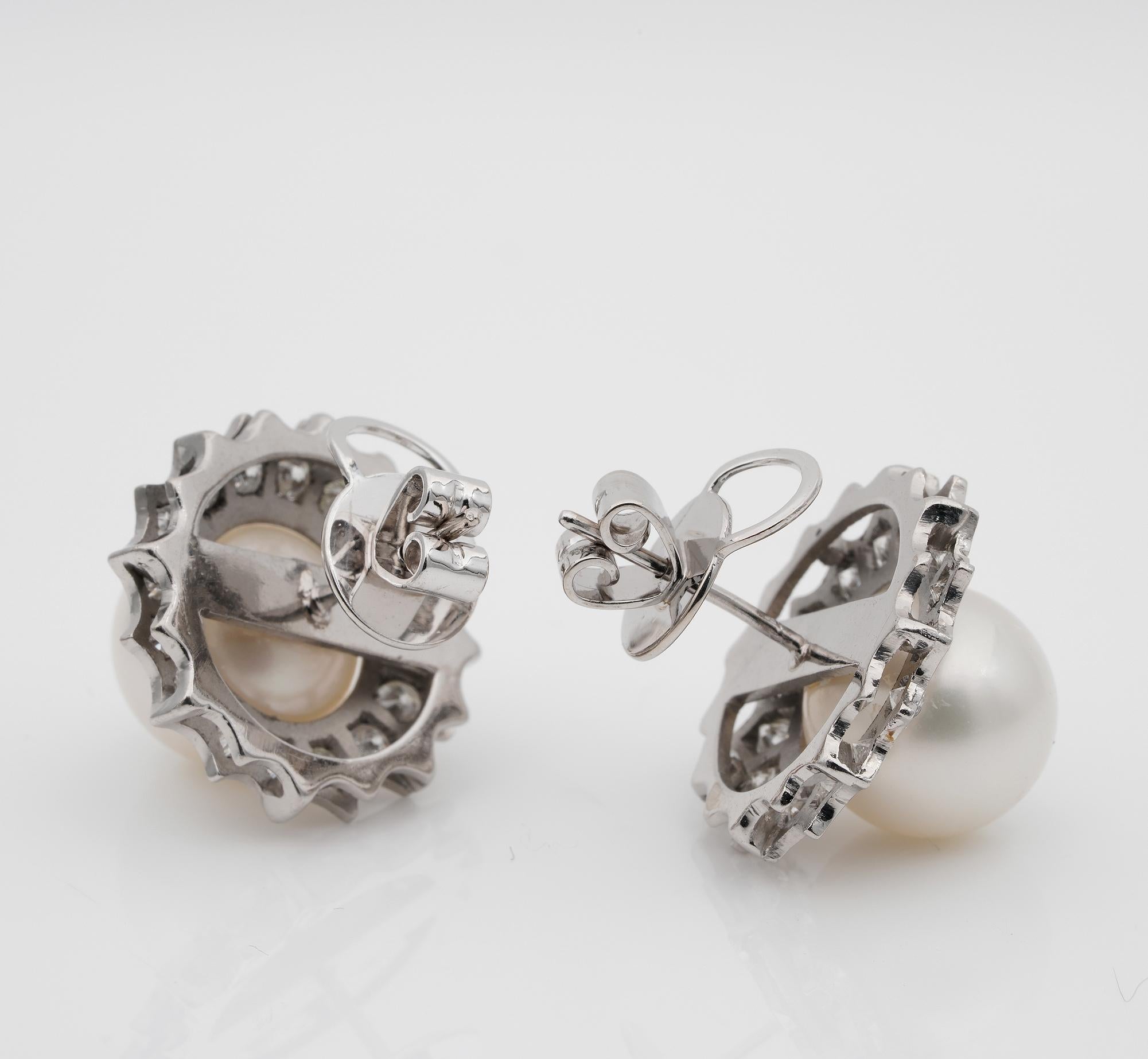 Estate South Sea Pearl 1.20 Ct Brilliant Cut Diamonds Platinum Earrings For Sale 3