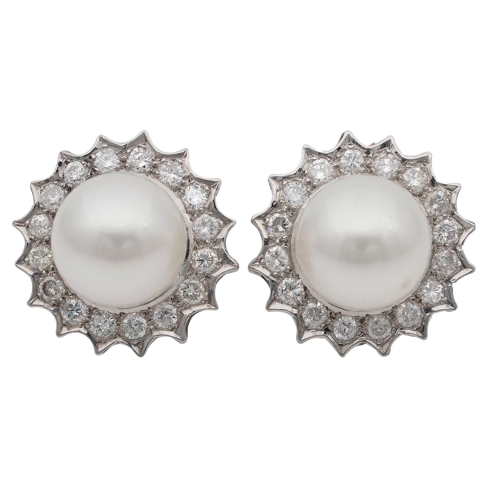 Estate South Sea Pearl 1.20 Ct Brilliant Cut Diamonds Platinum Earrings For Sale
