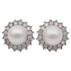 Estate South Sea Pearl 1.20 Ct Brilliant Cut Diamonds Platinum Earrings