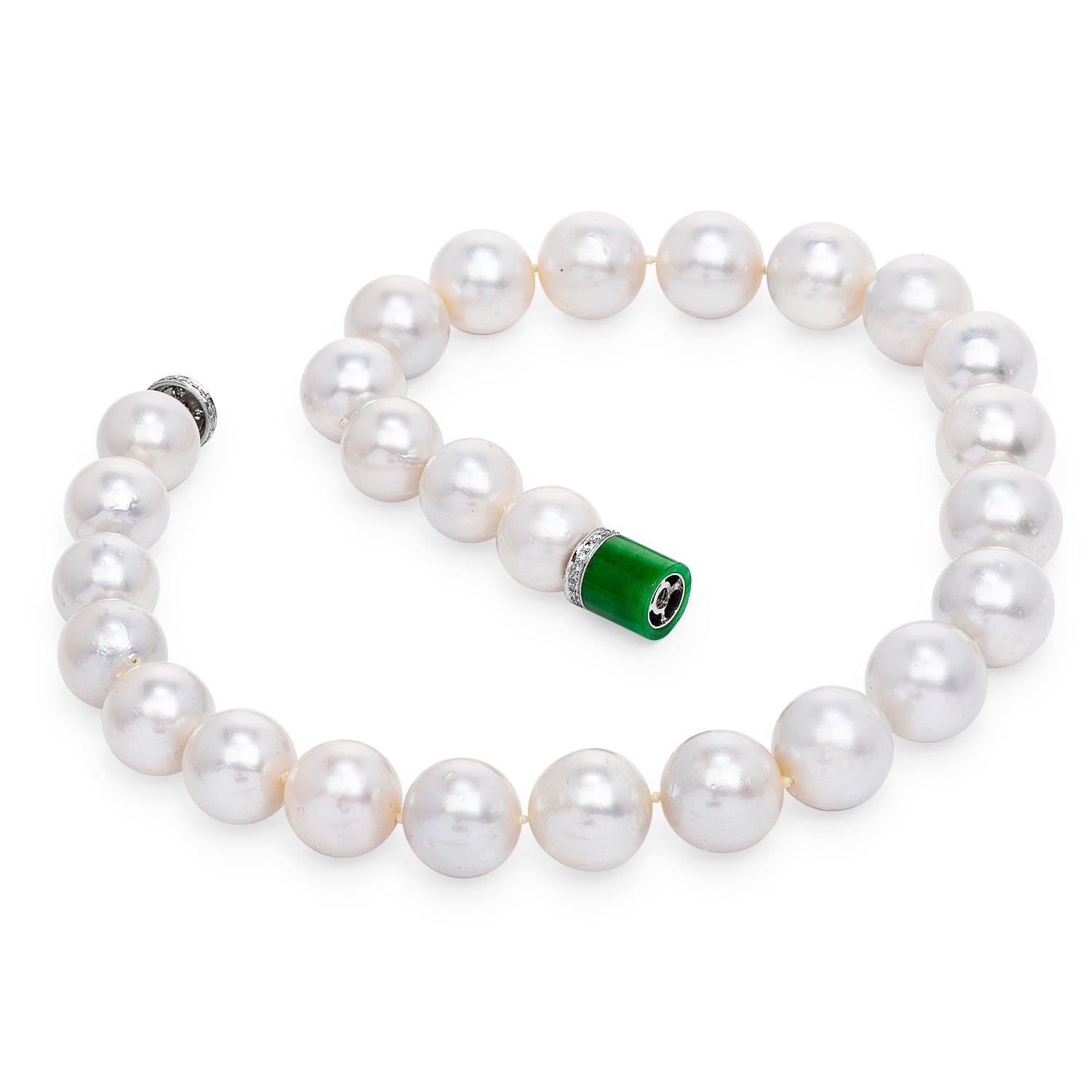 Modern Estate South Sea Pearl Diamond Jade 18K Gold Graduated Necklace