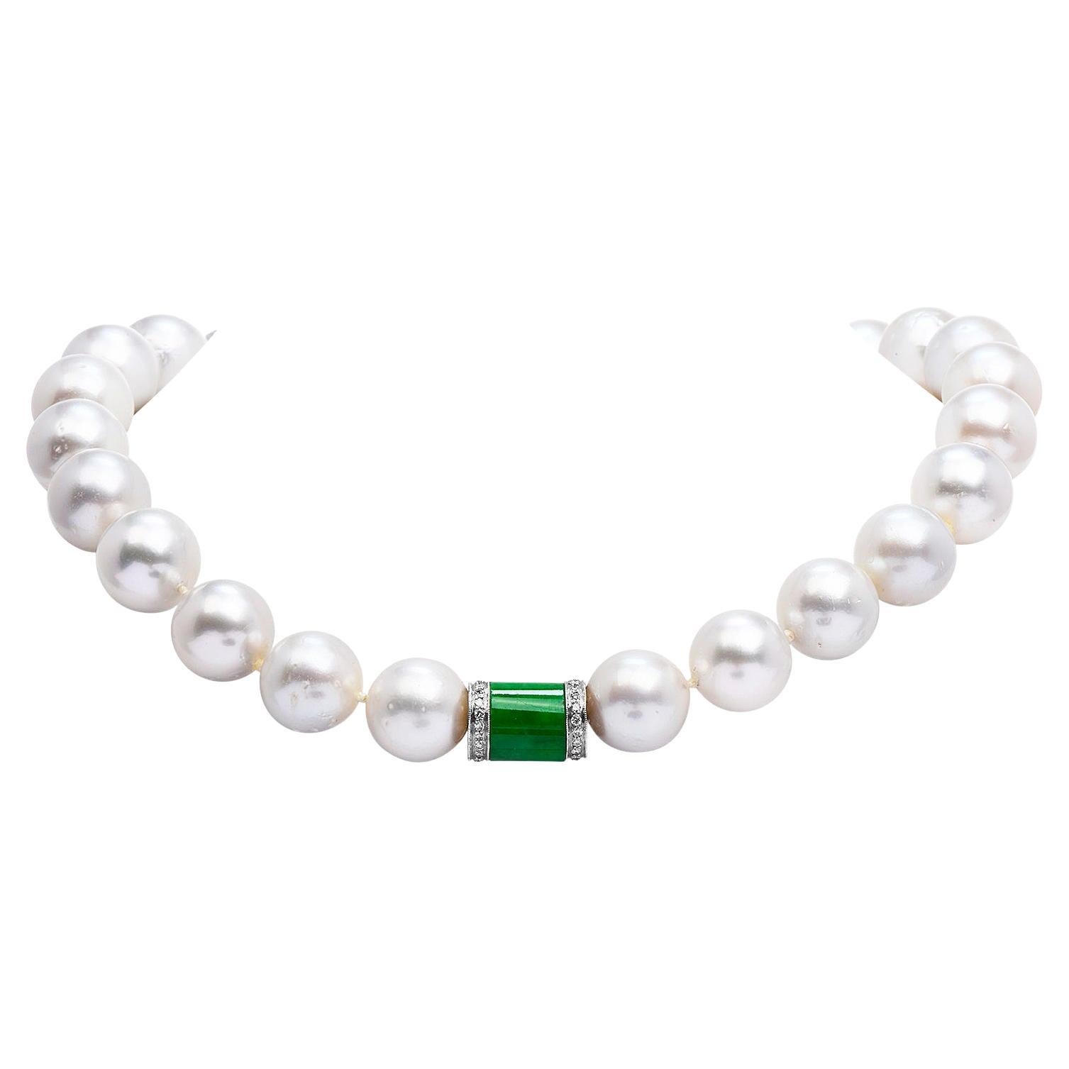 Estate South Sea Pearl Diamond Jade 18K Gold Graduated Necklace