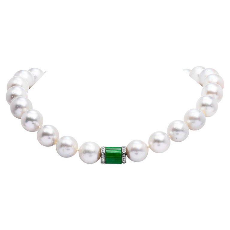 Estate South Sea Pearl Diamond Jade 18K Gold Graduated Necklace For ...