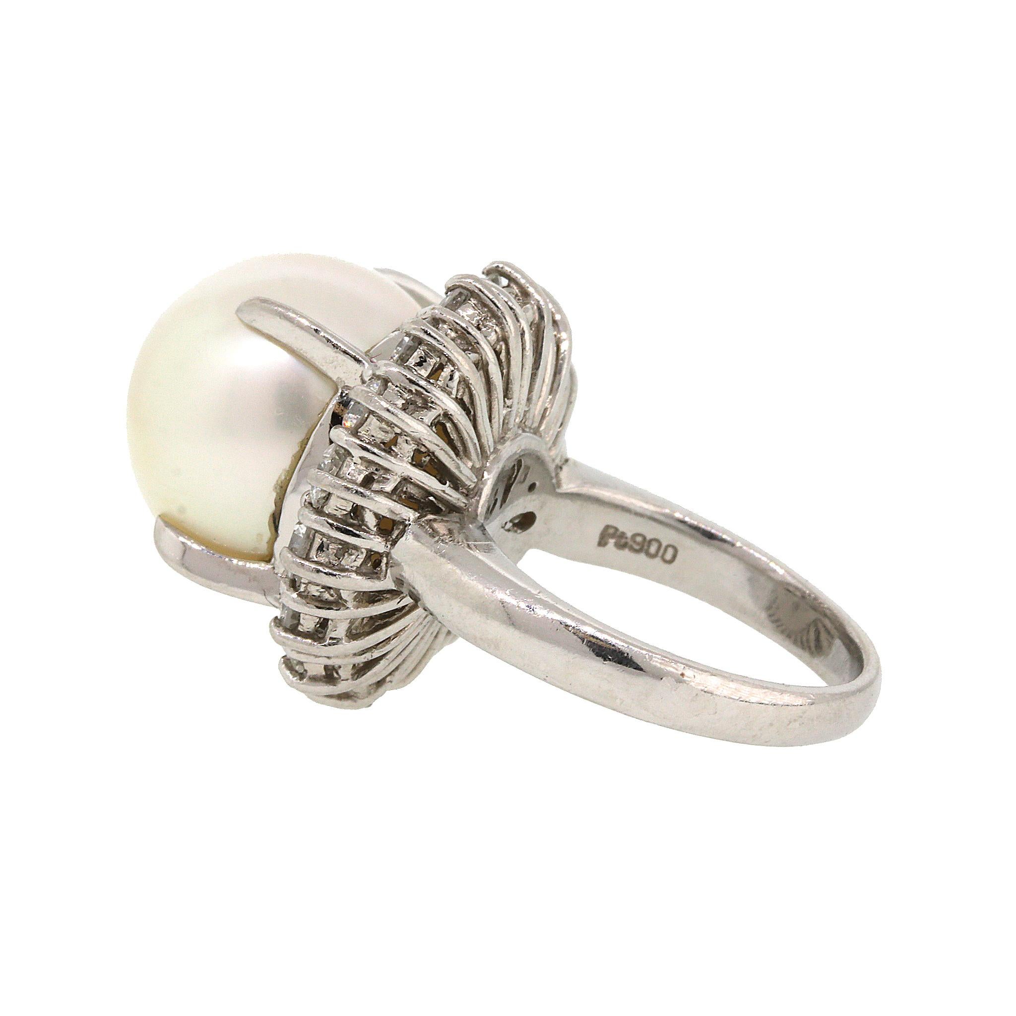 Round Cut Estate South Sea Pearl and Diamond Cocktail Ring For Sale