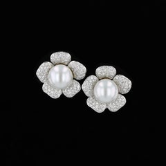 Estate South Sea Pearl and Diamond Pave Flower Earrings