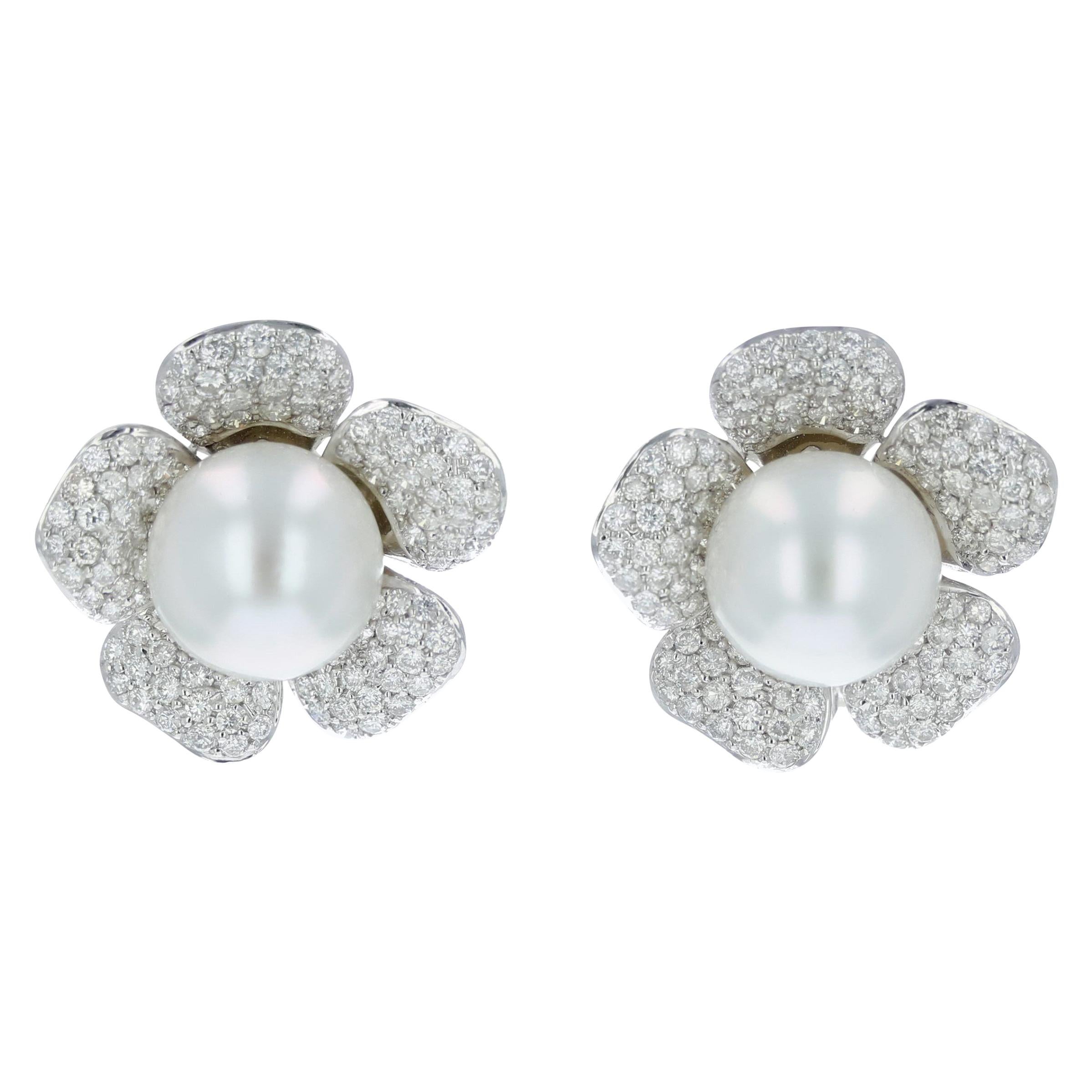 Estate South Sea Pearl and Diamond Pave Flower Earrings
