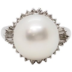 Estate South Sea Round White Pearl and White Diamond Cocktail Ring in Platinum