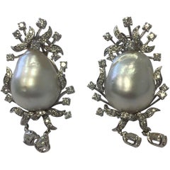 Estate South Sea White Baroque Pearl and Diamond Dangle Earrings in 18 Karat