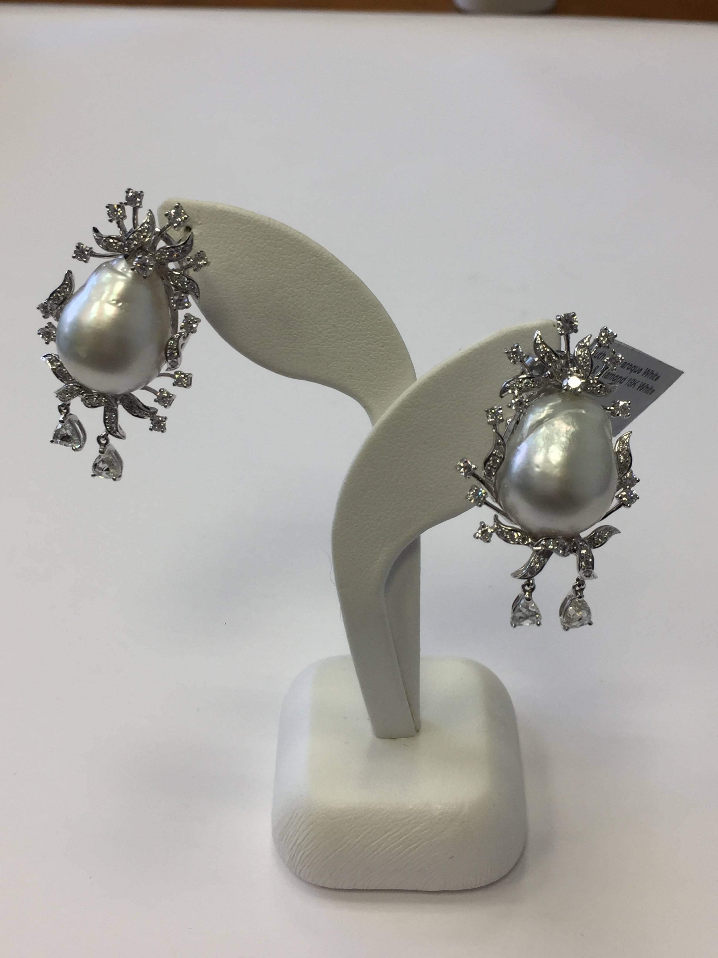 Gorgeous white South Sea baroque pearls with white diamonds in 18k white gold. Clip back with post for comfort and ease. 