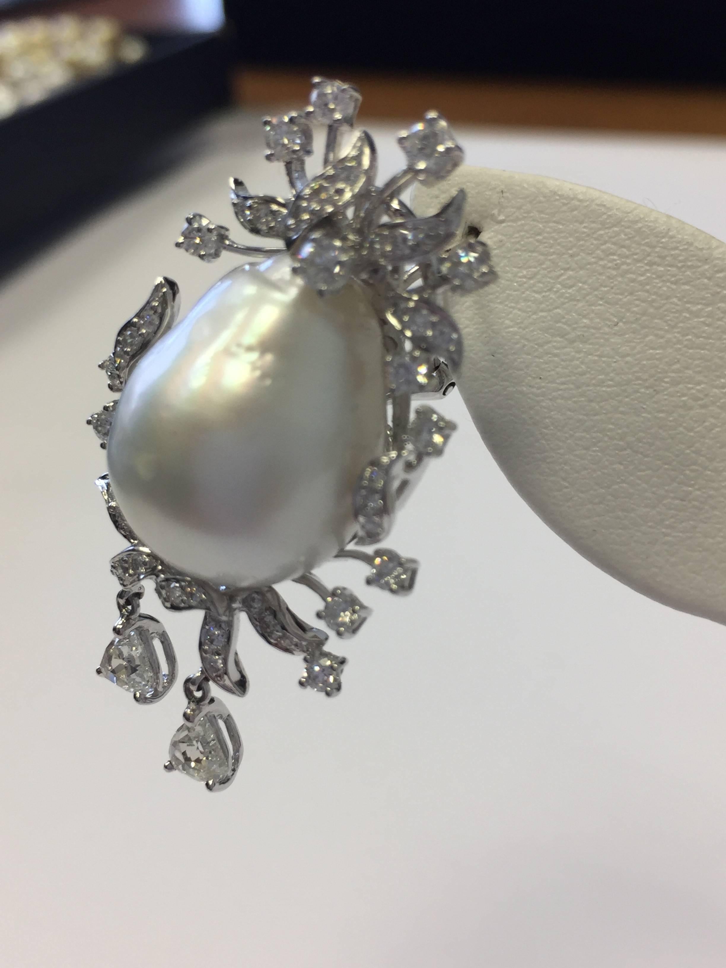 Women's or Men's Estate South Sea White Baroque Pearl and Diamond Dangle Earrings in 18 Karat
