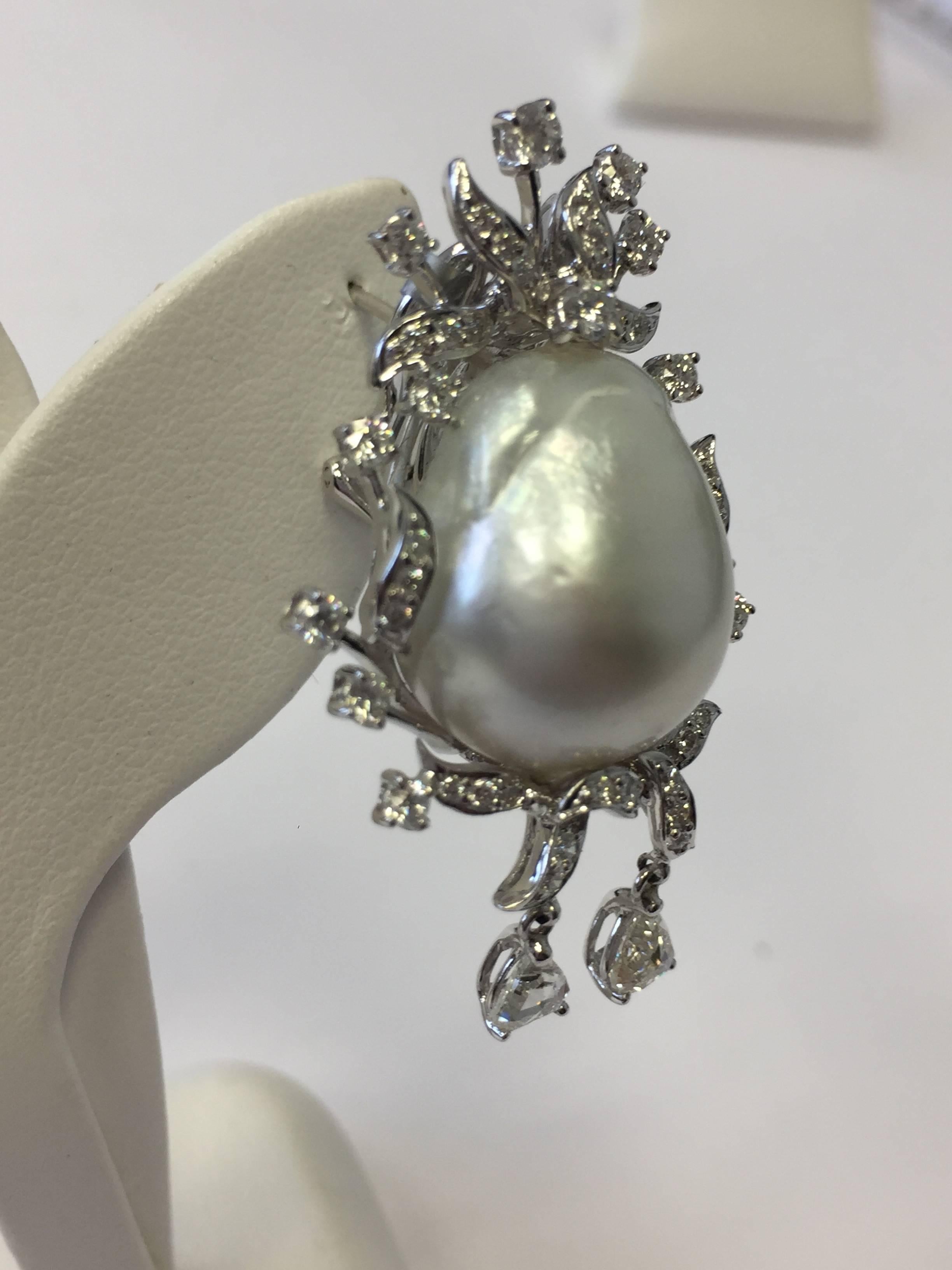 Estate South Sea White Baroque Pearl and Diamond Dangle Earrings in 18 Karat 1