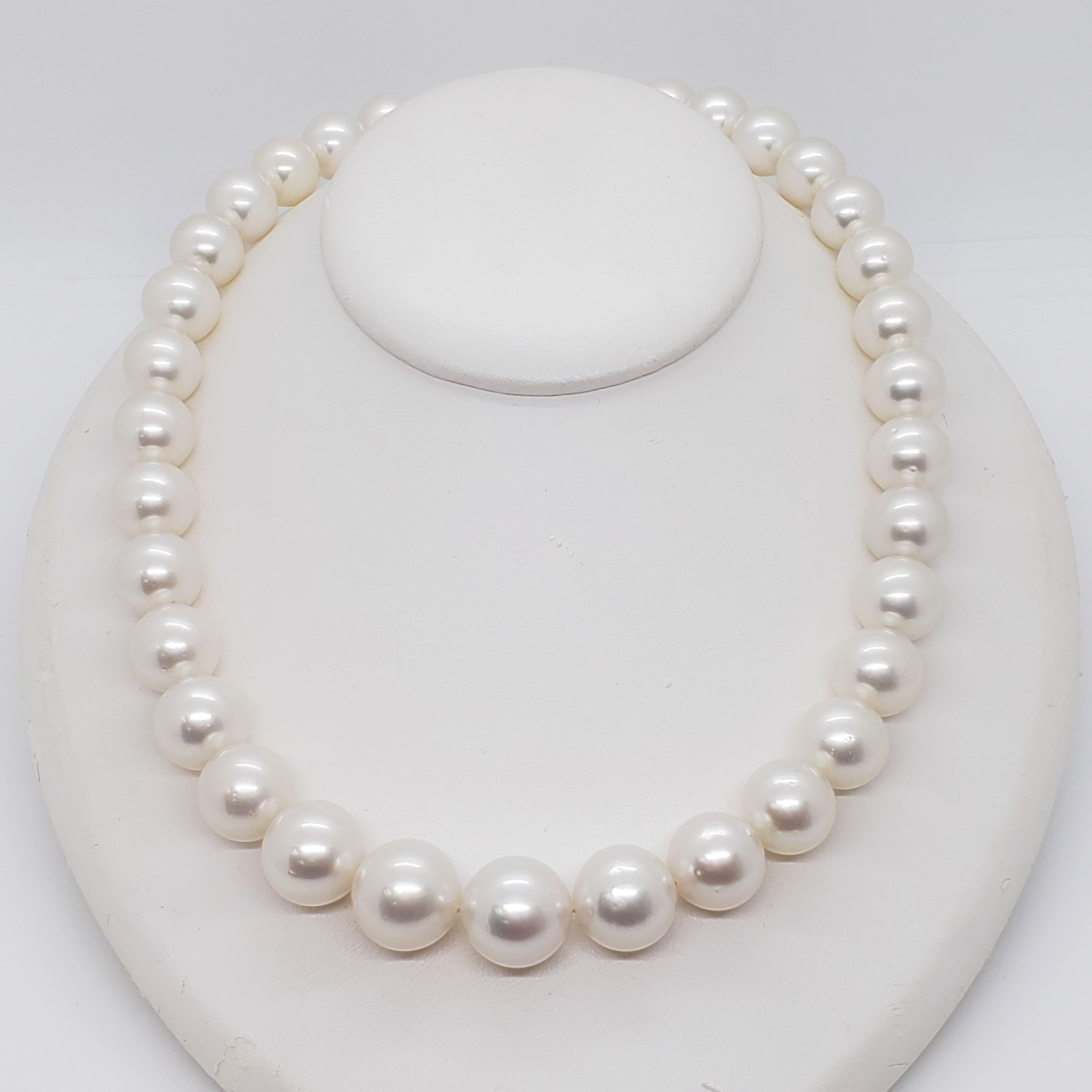 This unfinished strand showcases 33 South Sea white round pearls that are 12 - 15.5 mm each.  Any clasp can be fastened from a simple everyday one to a more elaborate one.  Beautiful pearls, smooth, lovely color.