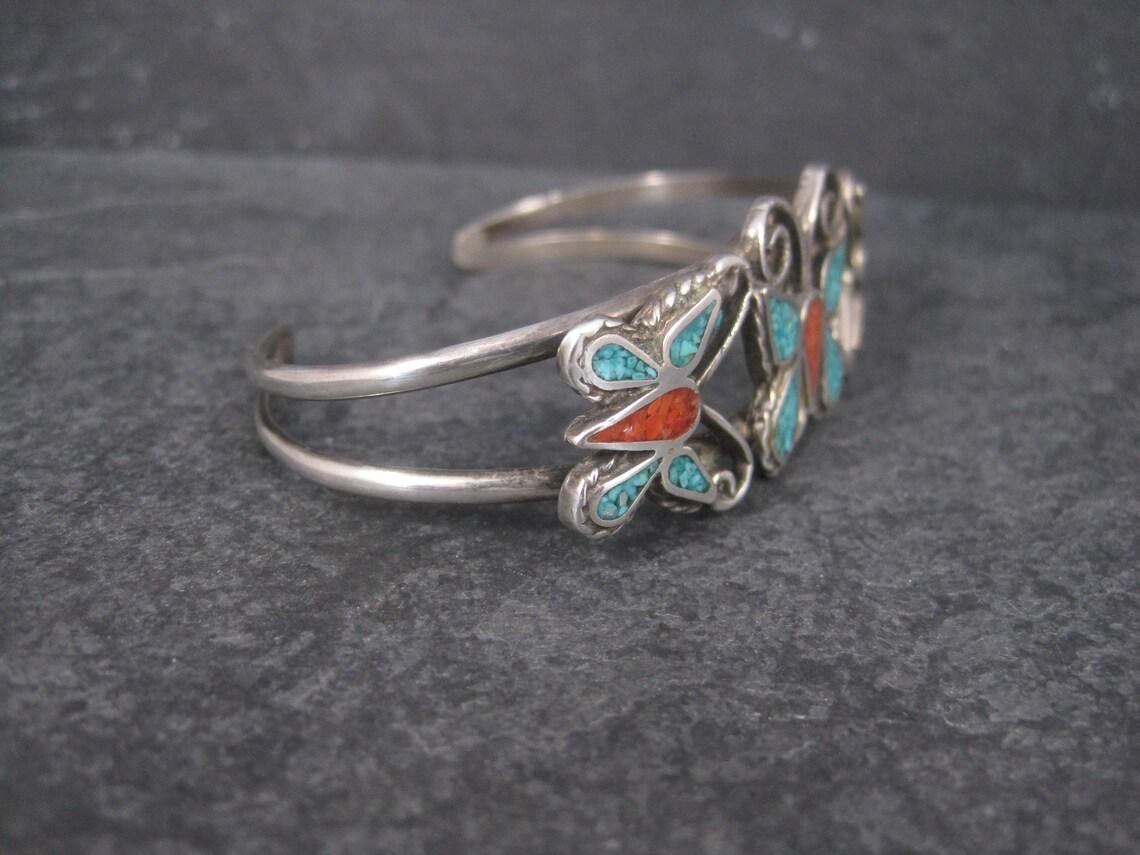 Native American Estate Southwestern Coral Turquoise Butterfly Jewelry Set Cuff Bracelet Stick Pi For Sale