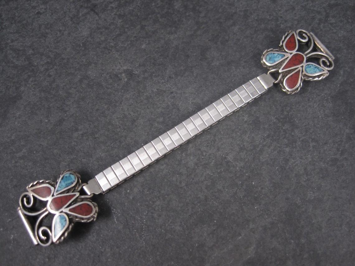 Estate Southwestern Coral Turquoise Butterfly Jewelry Set Cuff Bracelet Stick Pi In Good Condition For Sale In Webster, SD