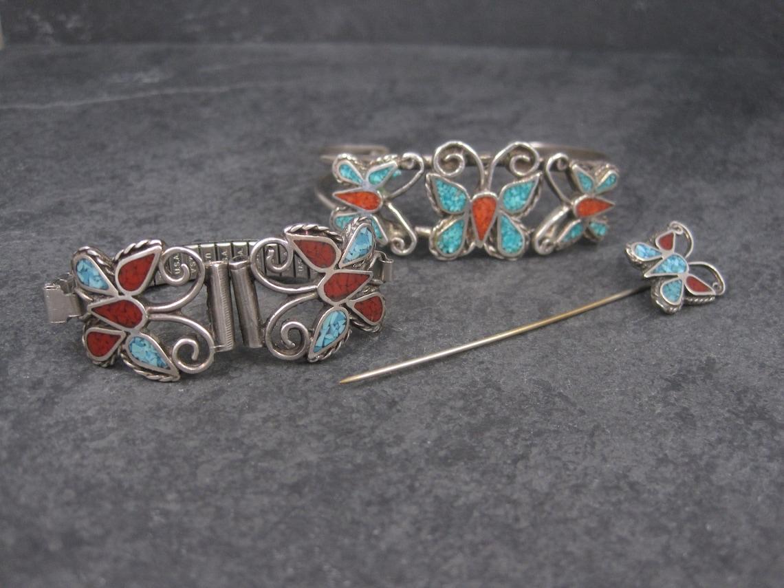 Estate Southwestern Coral Turquoise Butterfly Jewelry Set Cuff Bracelet Stick Pi For Sale 1