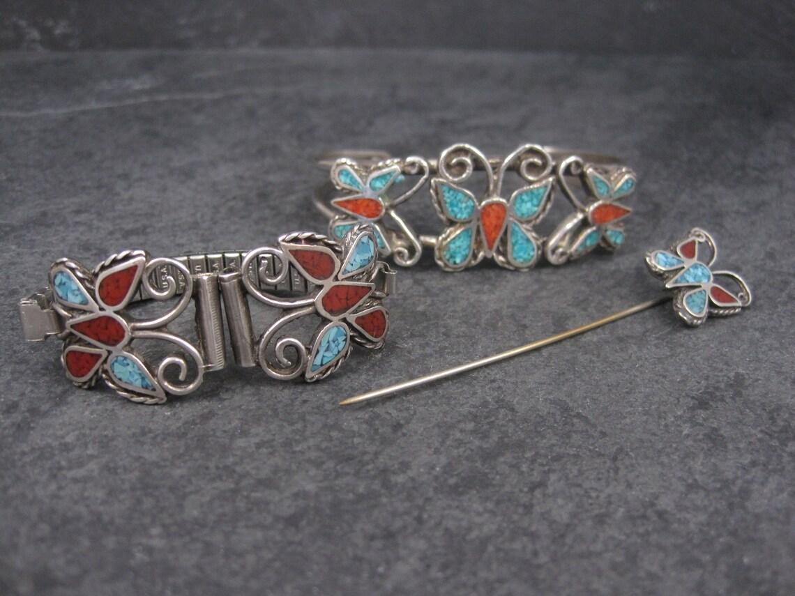 Estate Southwestern Coral Turquoise Butterfly Jewelry Set Cuff Bracelet Stick Pi For Sale 2