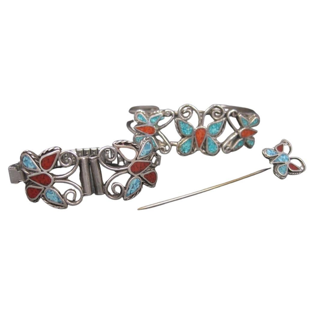 Estate Southwestern Coral Turquoise Butterfly Jewelry Set Cuff Bracelet Stick Pi