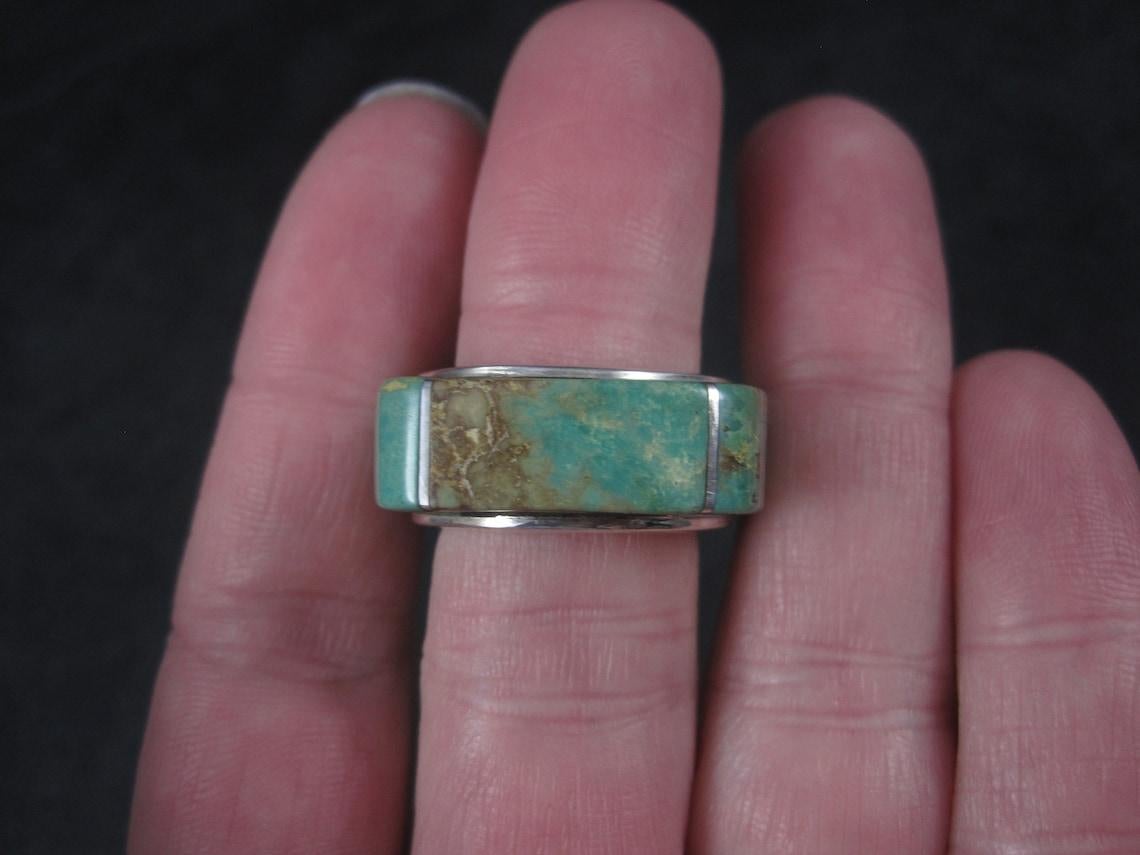 Estate Southwestern Sterling Turquoise Inlay Ring For Sale 2