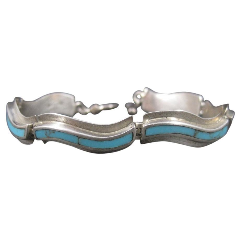 Estate Southwestern Sterling Turquoise Inlay Toggle Bracelet