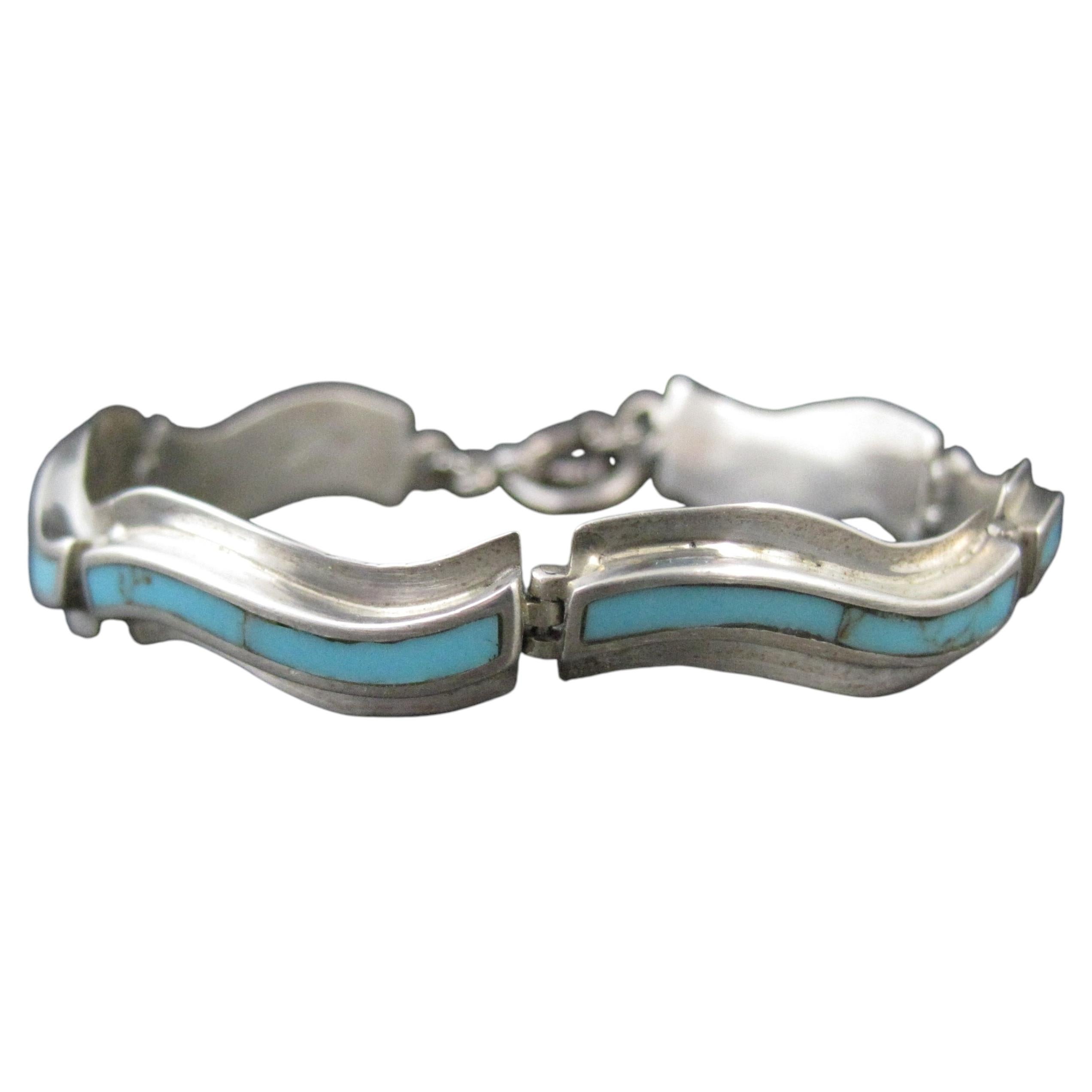 Vintage Southwestern Sterling Turquoise Inlay Toggle Bracelet For Sale