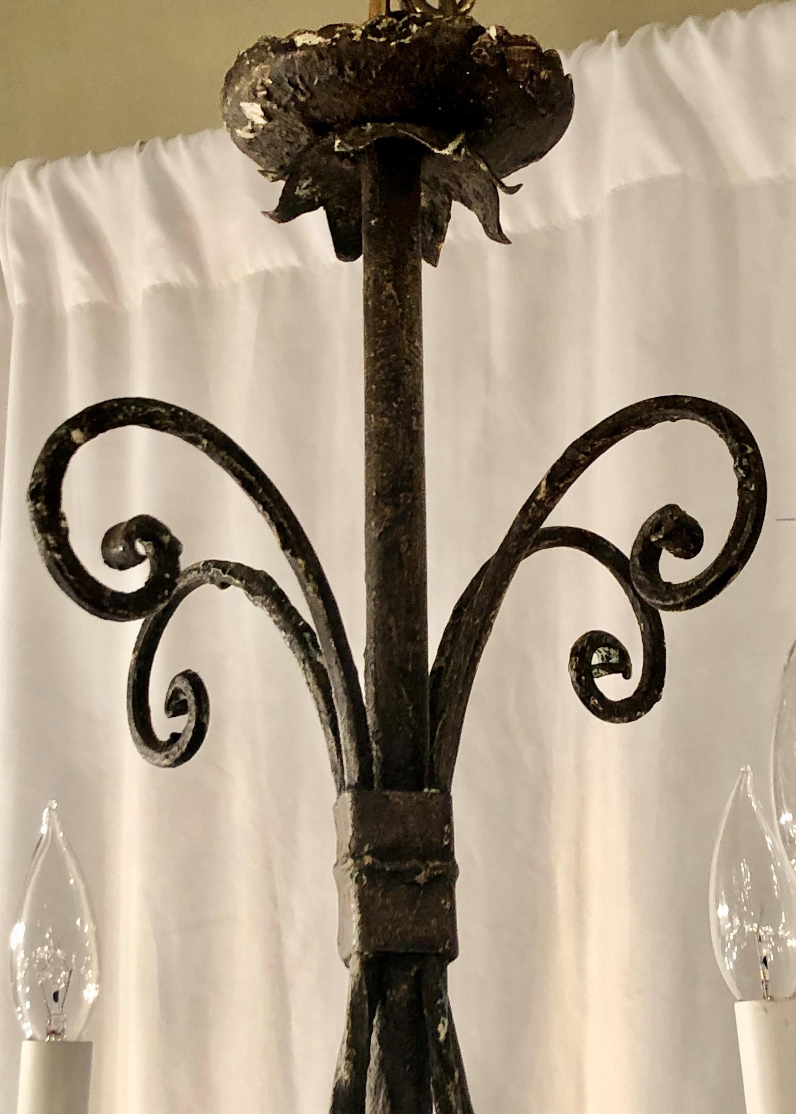 Small Estate Spanish hand-wrought iron 4 - Light chandelier, Circa 1940-1950.